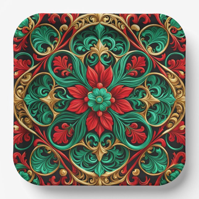 Decorative Red Green Christmas Holiday Paper Plate (Front)