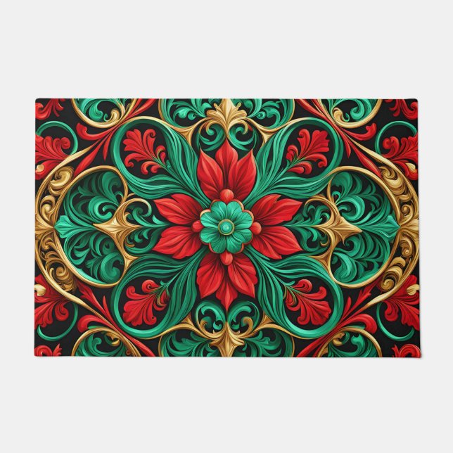 Decorative Red Green Holiday Doormat (Front)