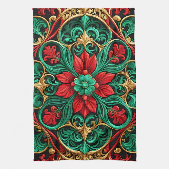 Decorative Red Green Holiday Kitchen Towel (Vertical)