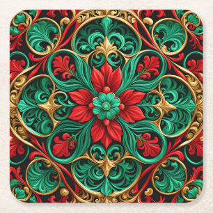 Decorative Red Green Holiday Paper Coaster