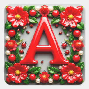 🐞 Decorative Red Letter A Ladybug Poppy Pearl Square Sticker