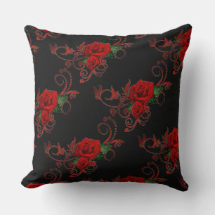 Decorative Red Roses Pattern Red and Black Pillow