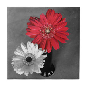 Decorative Red Splash Gerber Daisy On Monochrome Ceramic Tile