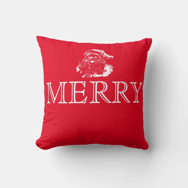 Decorative Red & White Santa Merry Christmas Throw Pillow (Front)