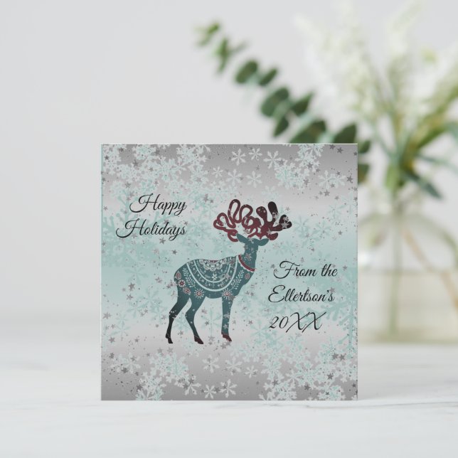 Decorative Reindeer Christmas Snowflakes  Card (Standing Front)