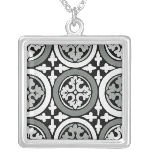 Decorative Renaissance Rosette Tile Design Silver Plated Necklace
