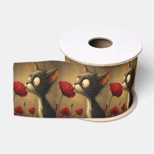 Decorative Ribbon Black & White Cat Red Flower
