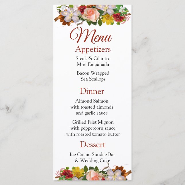 Decorative Rose Gold Bouquet Wedding Menu Card (Front)