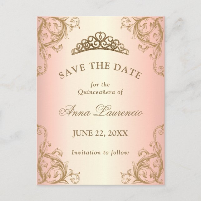 Decorative Rose Gold Quinceanera Save The Date Postcard (Front)