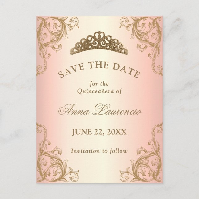 Decorative Rose Gold Quinceanera Save The Date Postcard (Front)