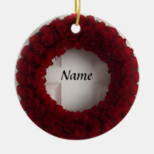 Decorative Rose Wreath with Bright Red Hearts  Ceramic Ornament