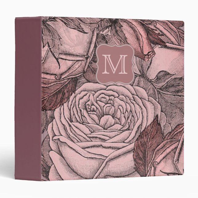 Decorative Roses Blush Pink Monogram 3 Ring Binder (Front/Spine)