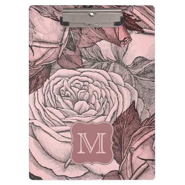 Decorative Roses Blush Pink Monogram Clipboard (Front)