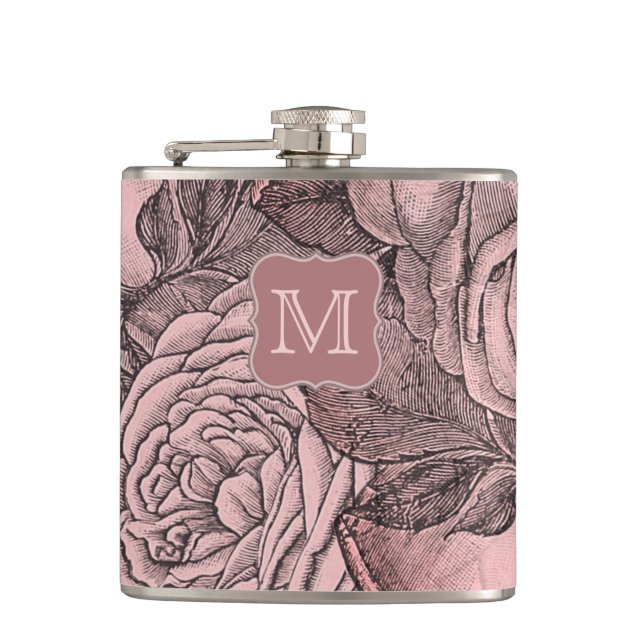 Decorative Roses Blush Pink Monogram Flask (Front)