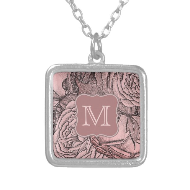 Decorative Roses Blush Pink Monogram Silver Plated Necklace (Front)