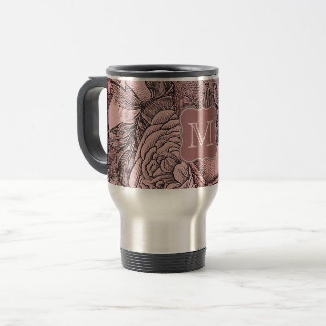 Decorative Roses Blush Pink Monogram Travel Mug (Front Left)