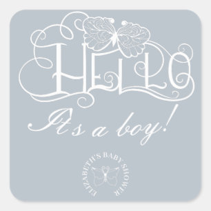 decorative script hello it's a boy blue square sticker