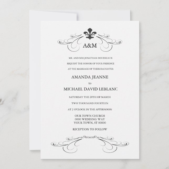 Decorative Scroll Fleur de Lis Wedding (gray) Invitation (Front)
