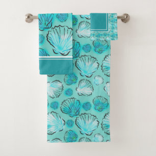 Decorative Sea Blue Green Seashell Bath Towel Set