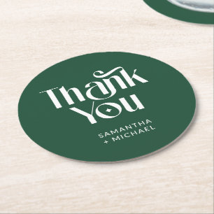 Decorative Serif Deep Pine Wedding Thank You Round Paper Coaster