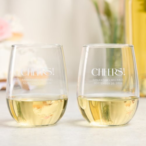 Decorative Serif Wedding Cheers Stemless Wine Glass