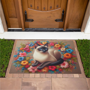 Decorative Siamese Cat Colorful Floral Border Doormat