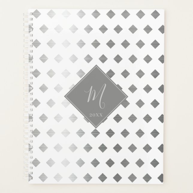 Decorative Silver Gray White Diamond Monogram Planner (Front)