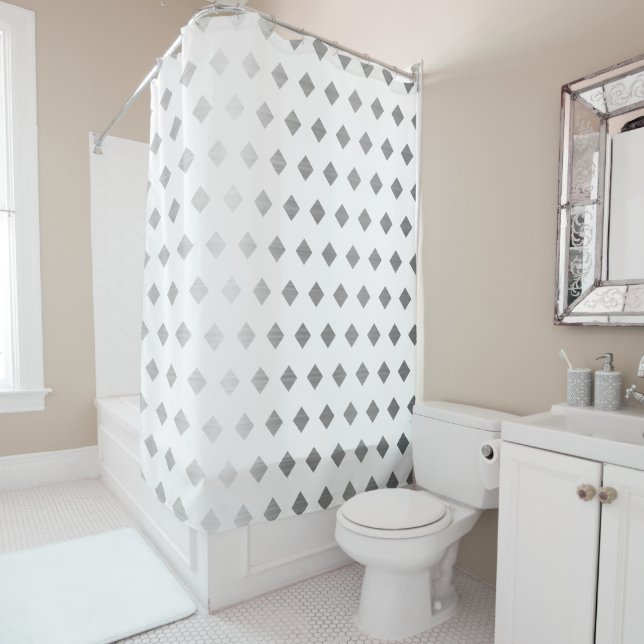 Decorative Silver Gray White Diamond Pattern Shower Curtain (In Situ)