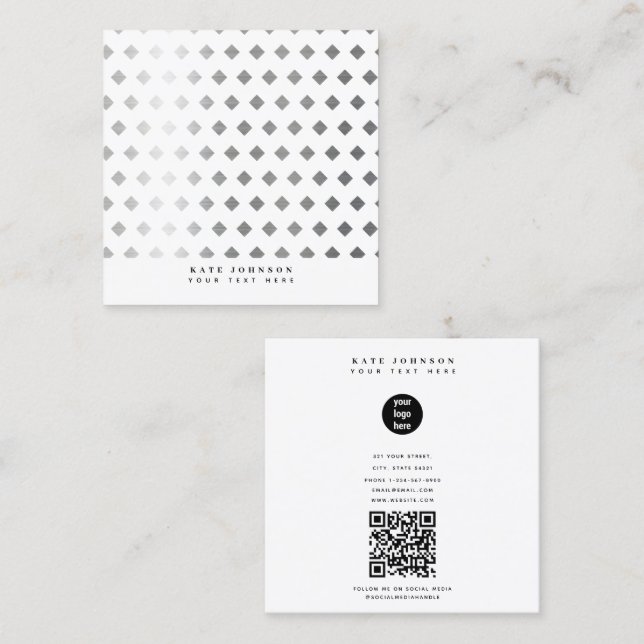 Decorative Silver Gray White Diamond Pattern Square Business Card (Front/Back)