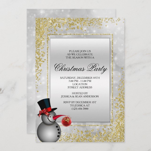 Decorative Silver Snowman & Gold Glitter Christmas Invitation (Front/Back)