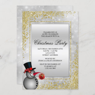 Decorative Silver Snowman & Gold Glitter Christmas Invitation