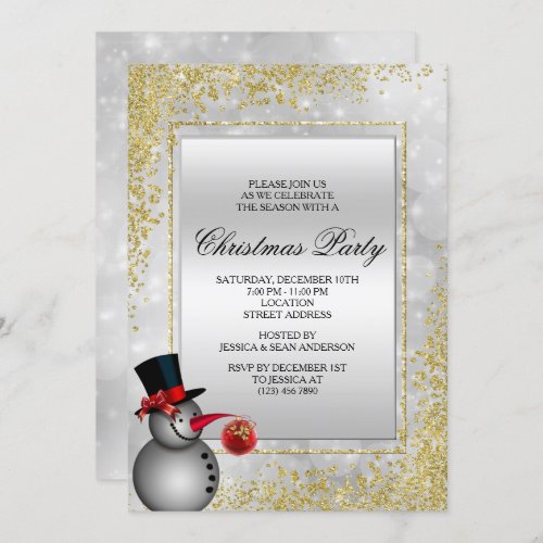 Decorative Silver Snowman  Gold Glitter Christmas Invitation