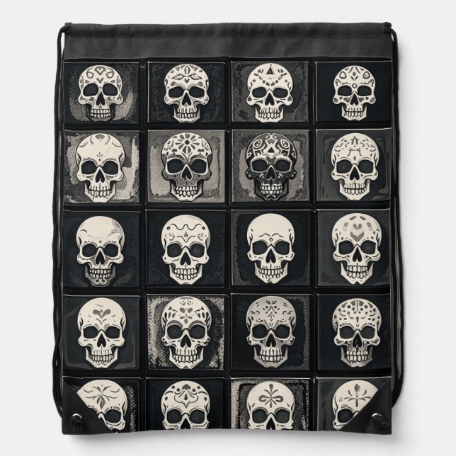 Decorative Skull Collection Mexican Folk Drawstring Bag (Front)