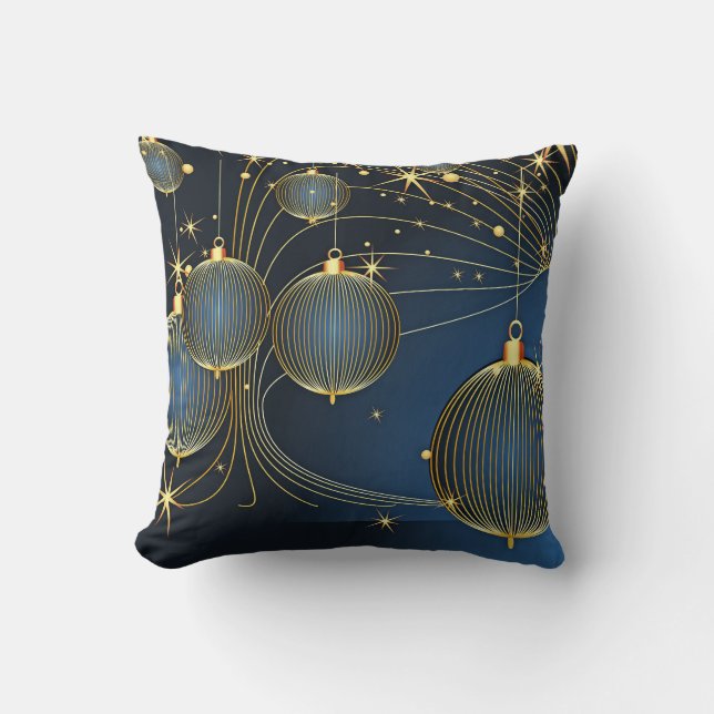 Decorative Snow Blue & Gold Ball Merry Christmas Throw Pillow (Front)
