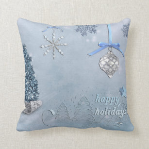 Decorative Snow Blue & White Ball Happy Holidays Throw Pillow