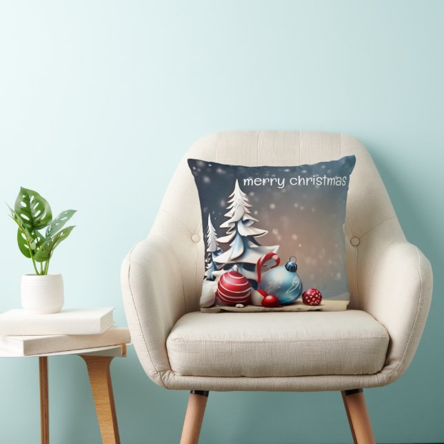 Decorative Snow Blue & White Ball Happy Holidays Throw Pillow (Chair)