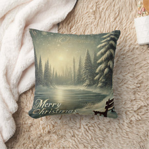 Decorative Snow Blue & White Snow Merry Christmas Throw Pillow