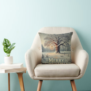 Decorative Snow Blue & White Snow Merry Christmas Throw Pillow