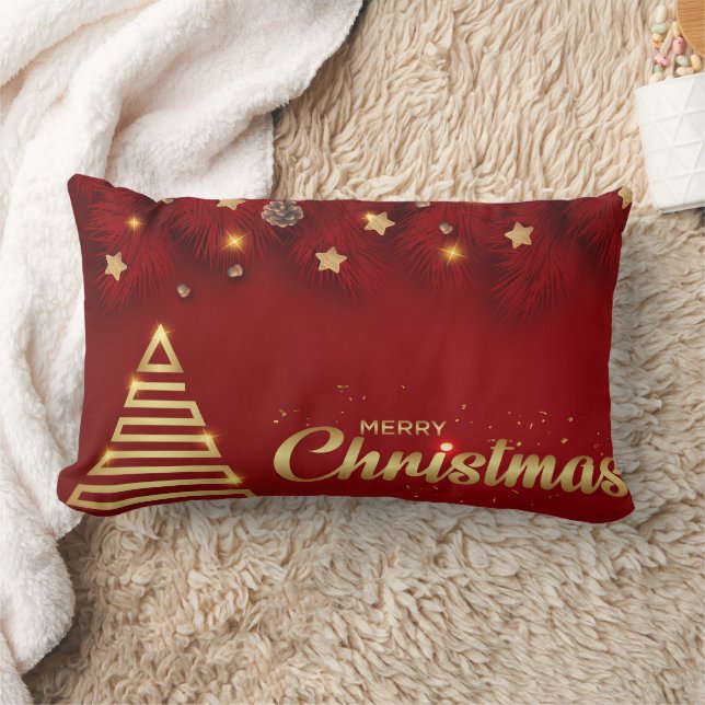 Decorative Snow Glitter Red & Gold Merry Christmas Lumbar Pillow (Blanket)