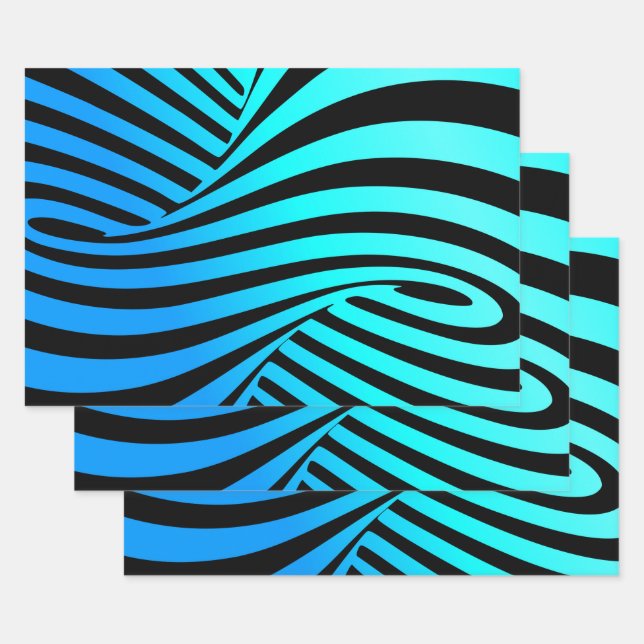 Decorative spirals, abstract line art blue black wrapping paper sheets (Set)