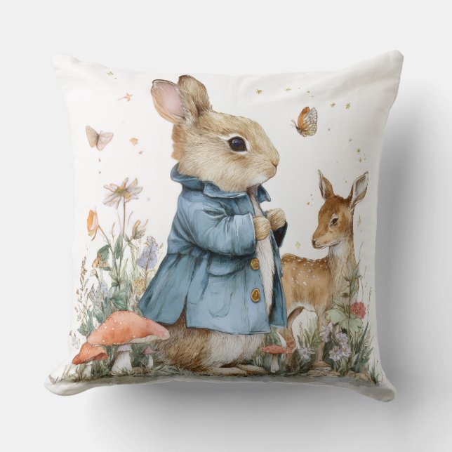 Decorative Spring Rabbit Deer Flowers Throw Pillow (Front)