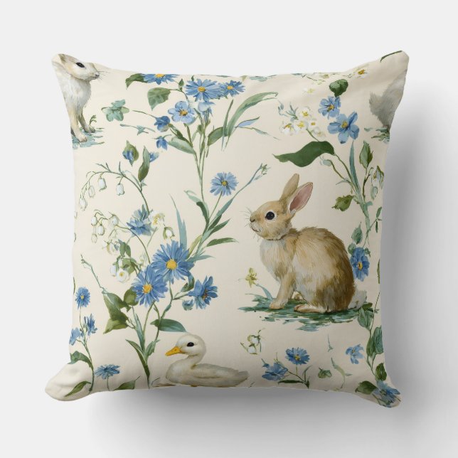 Decorative Spring Rabbit Duck Flowers Throw Pillow (Front)