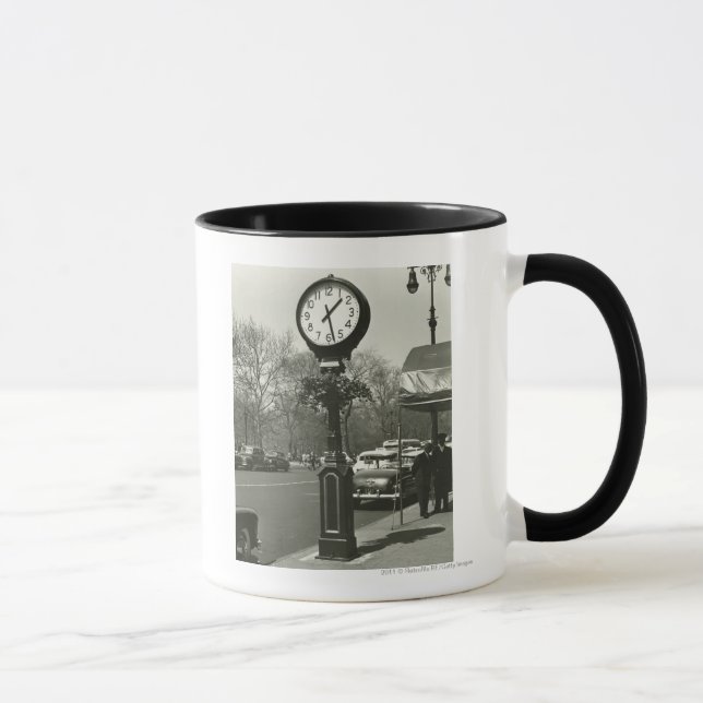 Decorative street clock two background people mug (Right)
