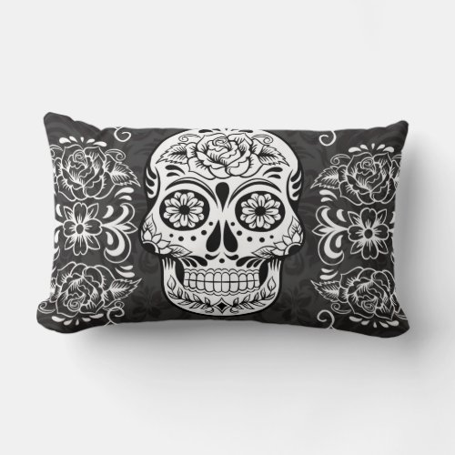 Decorative Sugar Skull Black White Gothic Grunge Lumbar Pillow