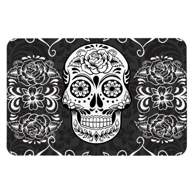 Decorative Sugar Skull Black White Gothic Grunge Magnet (Horizontal)