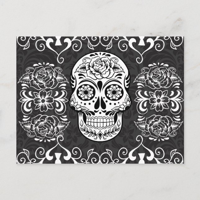 Decorative Sugar Skull Black White Gothic Grunge Postcard (Front)