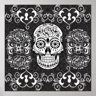 Decorative Sugar Skull Black White Gothic Grunge Poster