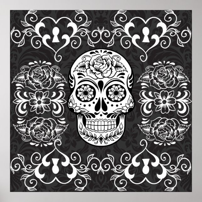 Decorative Sugar Skull Black White Gothic Grunge Poster (Front)