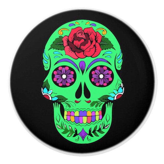 Decorative Sugar Skull Lime Green Ceramic Knob (Front)