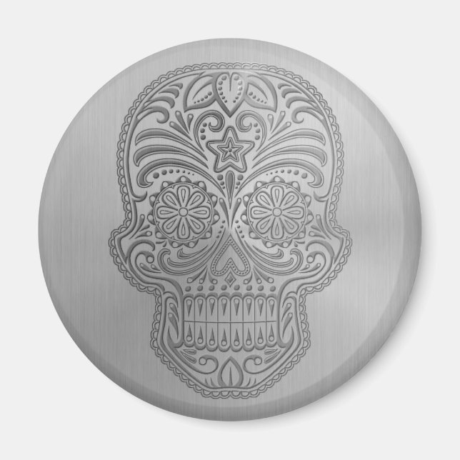 Decorative Sugar Skull with a Stainless Steel Look Magnet (Front)